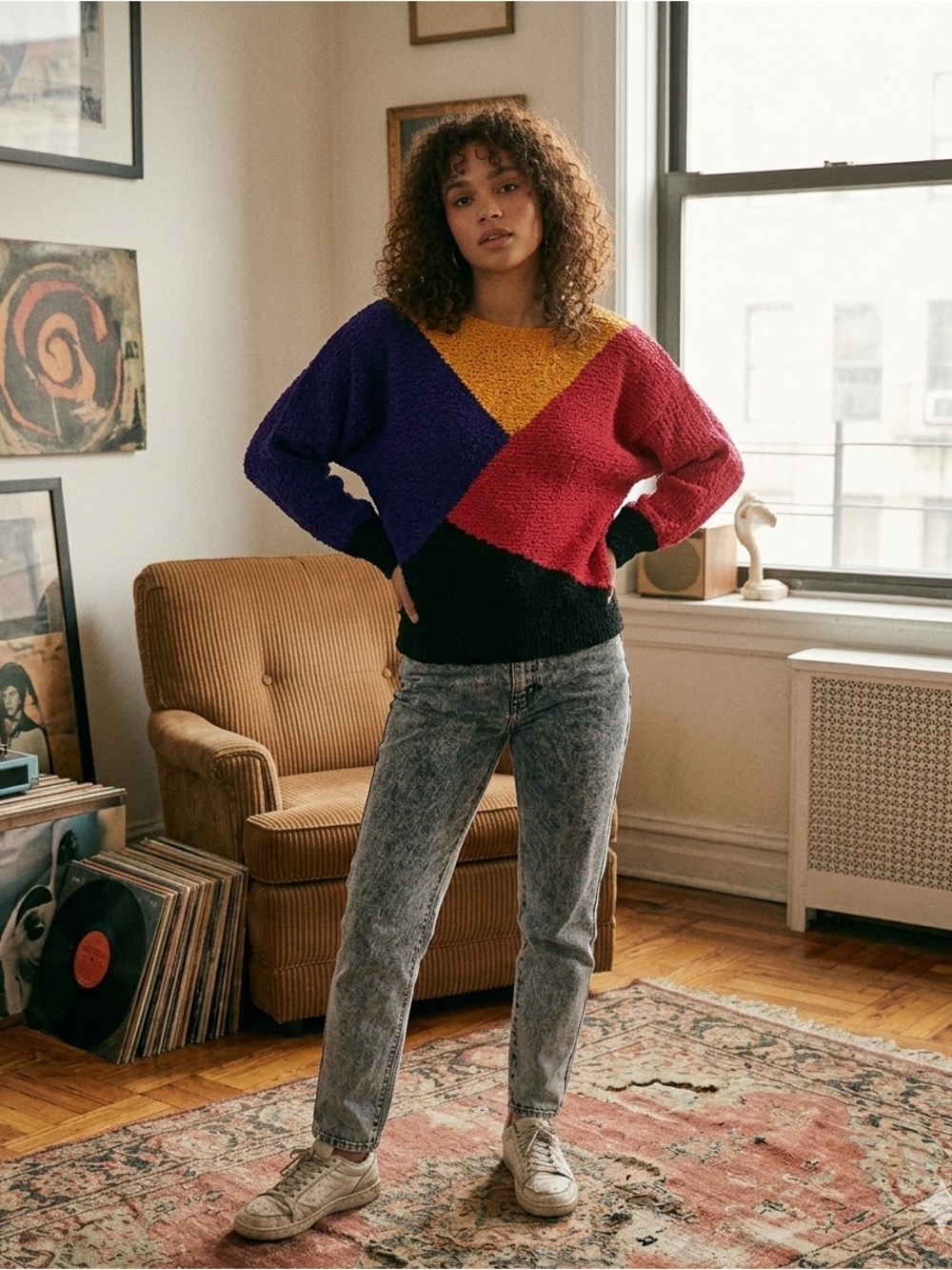 Vintage Le Chois Colorblock Textured Sweater Size L